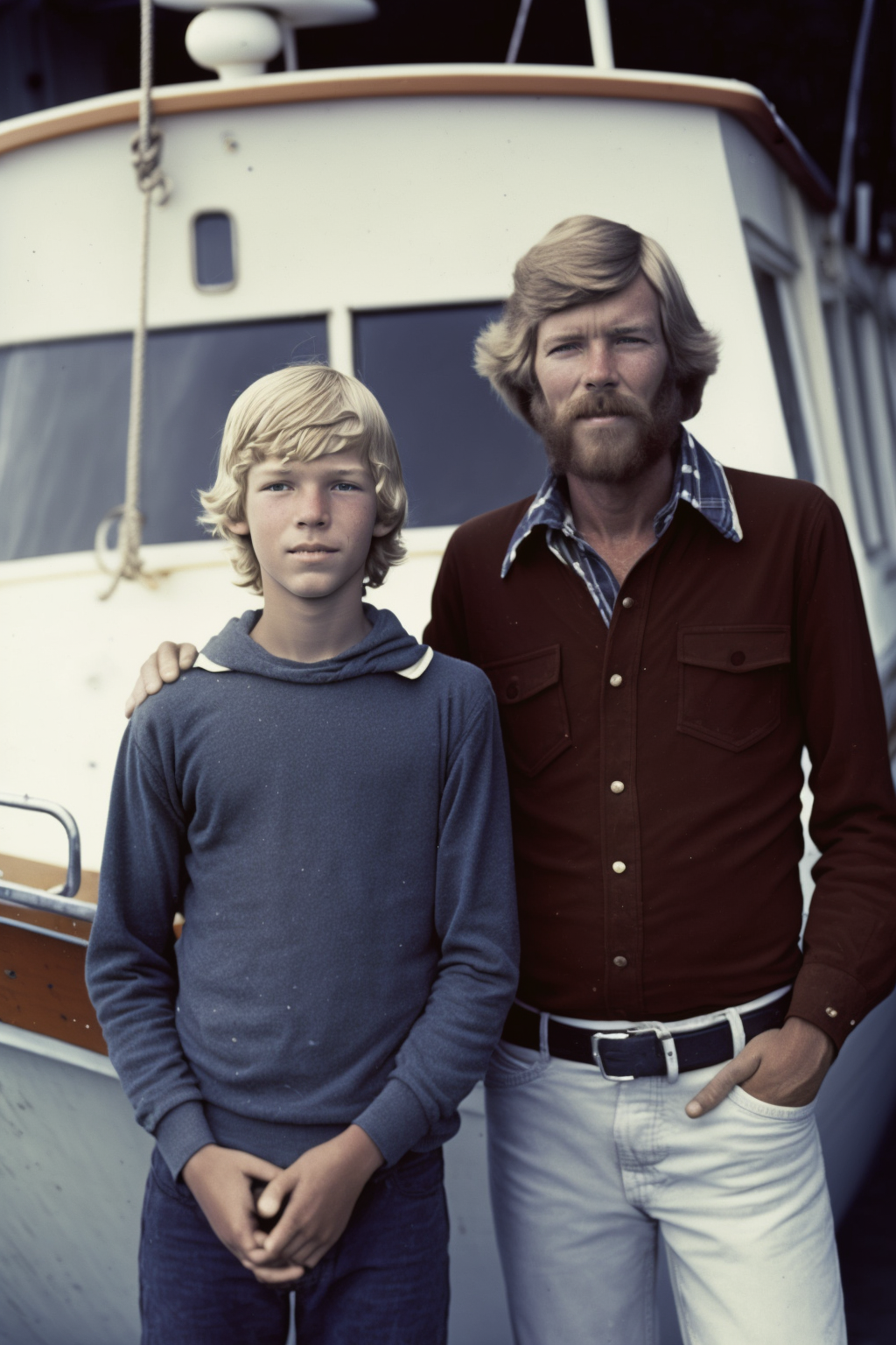 Happy dad and teenage son standing in front of boat, facing camera 1970s, film, konica, vintage, film frame