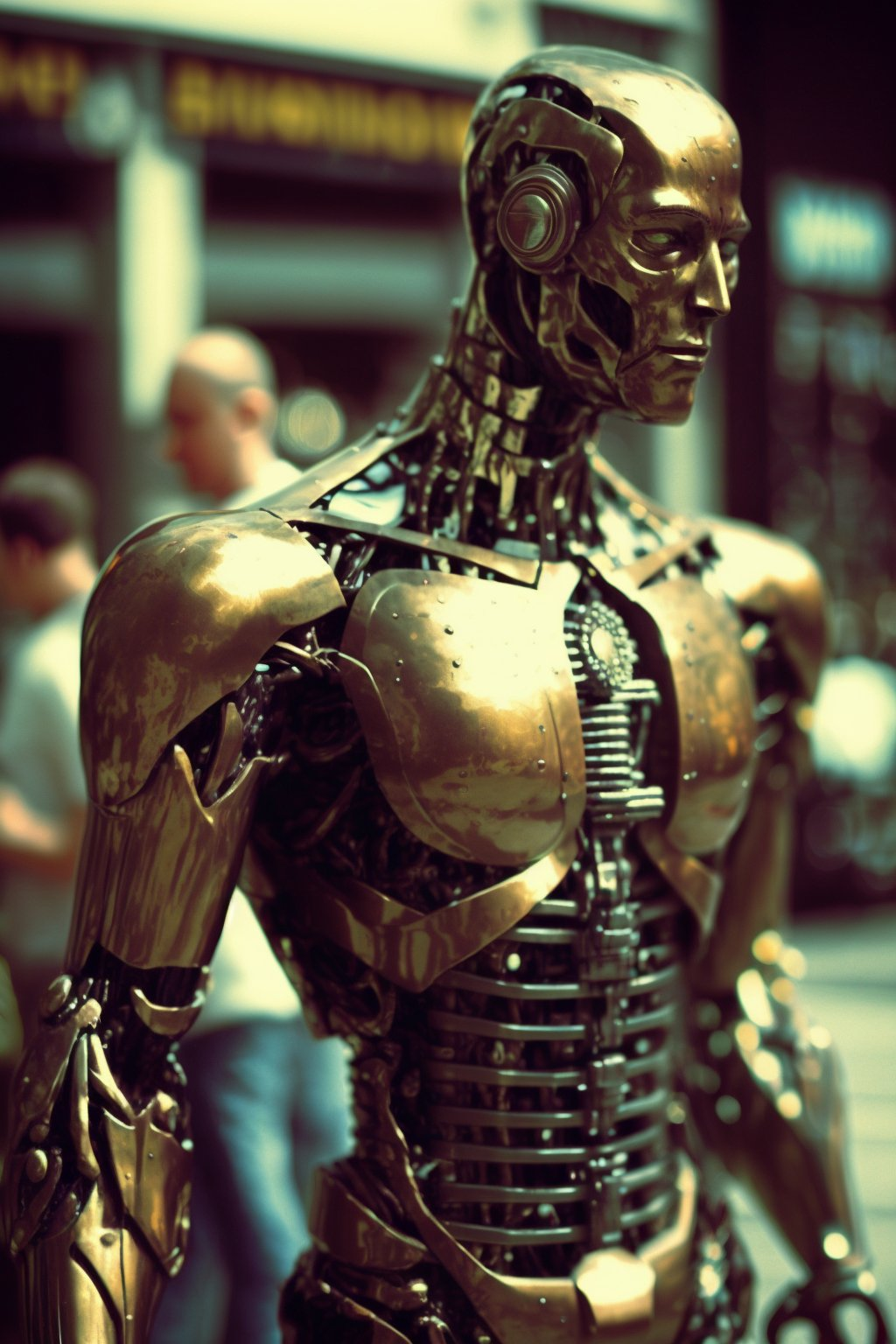 I forget the prompt for this one, something like 'cyborg automaton, street picture, film, grainy, 35 mm camera'