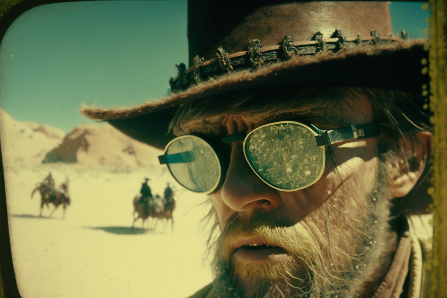 "Production still from sergio Leone directed zombie film, weird west, gunslingers and cowboy wizards, cinematography, vintage scratched lenses, insanely detailed