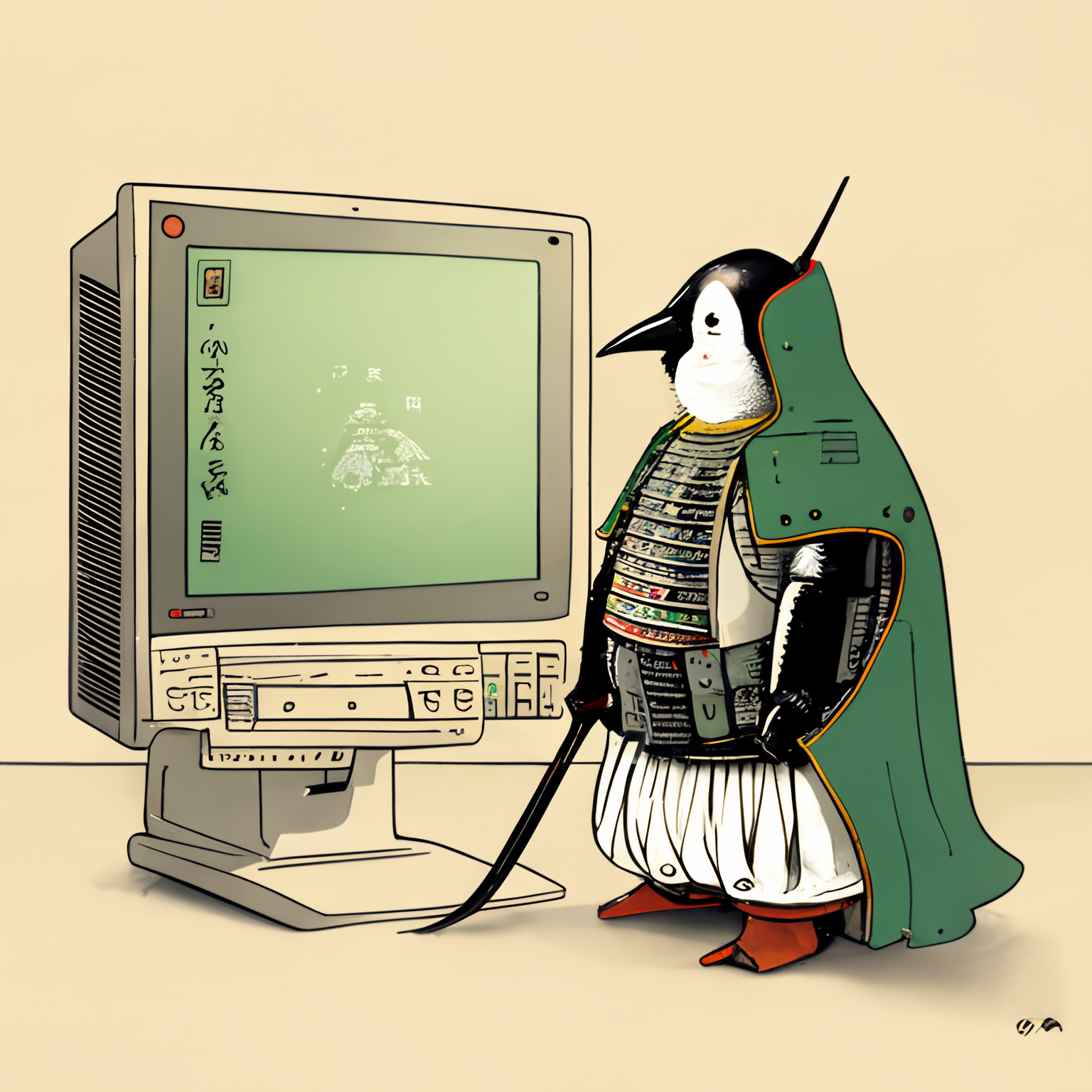 A Linux Penguin wearing a Japanese Samurai suit. Next to Him is an old, gray computer monitor from the 1980's with green text on it. 